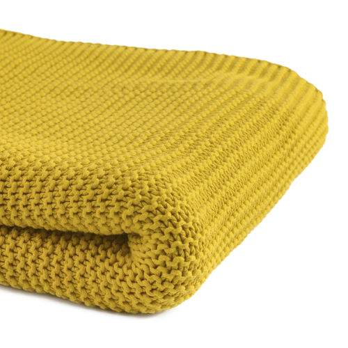 Плед из хлопка жемчужной вязки горчичного цвета из коллекции ess 2