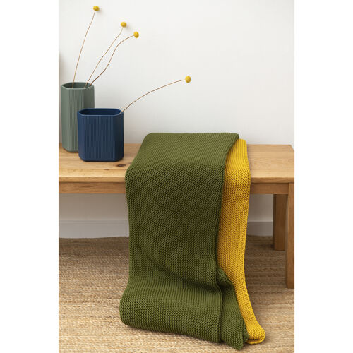 Плед из хлопка жемчужной вязки оливкового цвета из коллекции ess 6