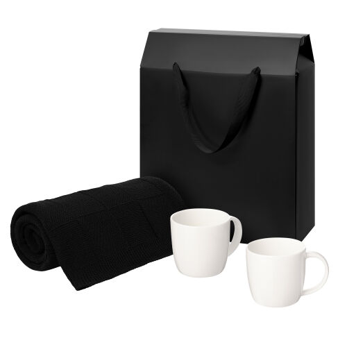Подарочный набор Dafna, Cella, черный в коробке-пакете (две фарфоровых кружки, плед)
