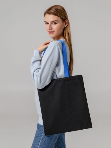 Холщовая сумка BrighTone, черная с ярко-синими ручками 5