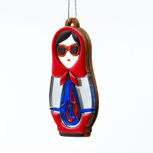 Ёлочная игрушка Матрёшка с узорами (красный с синим) 3