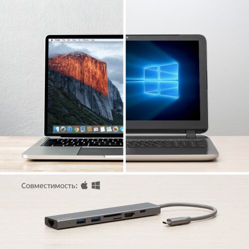 USB Type-C хаб 7-в-1, HDMI, Power Delivery, 2xUSB 3.0, RJ45, mic 4