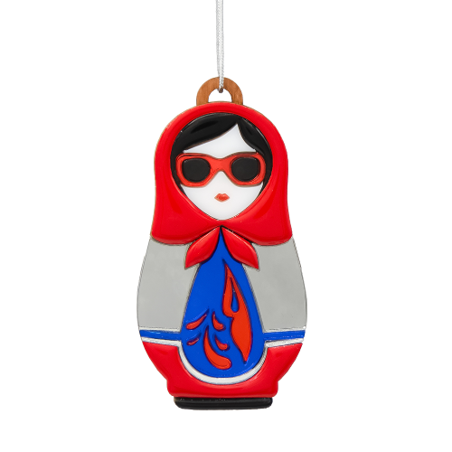 Ёлочная игрушка Матрёшка с узорами (красный с синим) 2